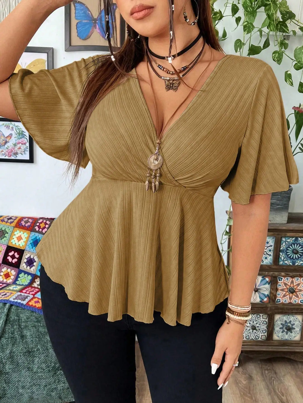 Plus Size Ribbed Knit Tops Deep V Neck Flutter Sleeve Peplum Blouse Curved Hem Casual Tops