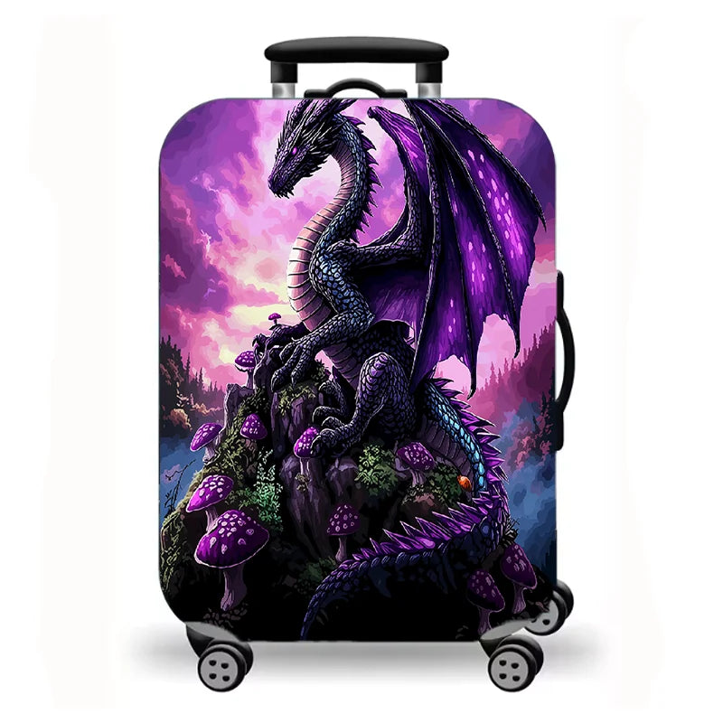 Luggage Cover, Fantasy Dragon Dinosaur Print Stretch Suitcase Protector, Medieval Castle Mythical Creature Travel Design