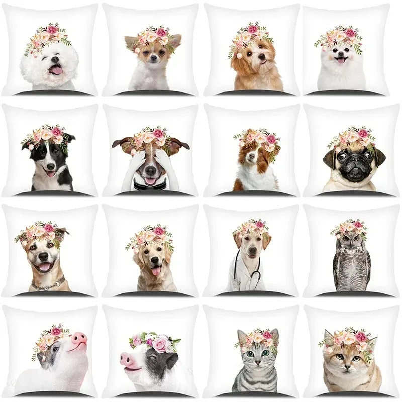 Adorable Pets With Flower Double-sided Printed pillow cover Short plush Suitable living rooms bedrooms sofas throw cushion cover