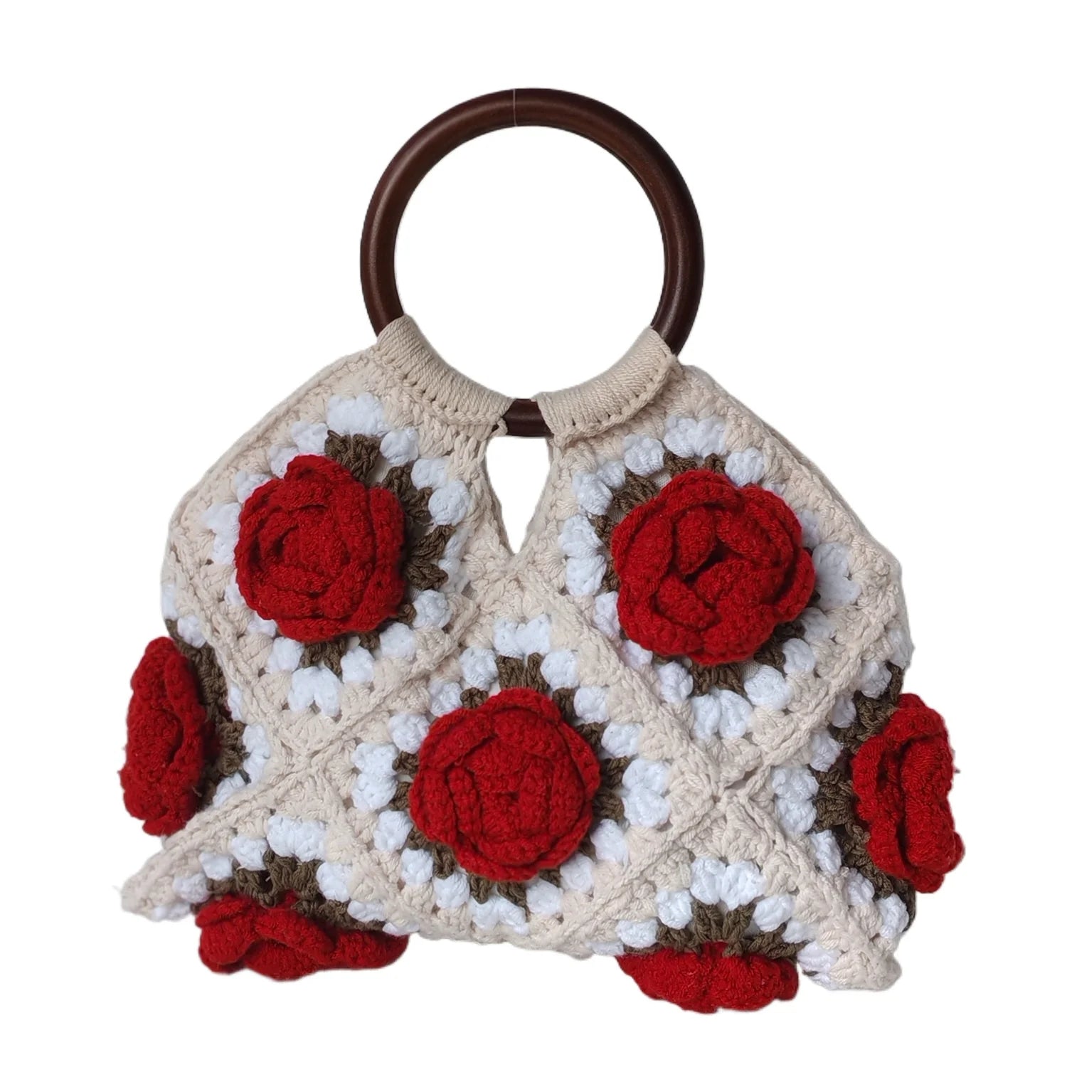 Handmade Crochet Rose Bag | Boho Floral Handbag with Wooden Handles | Summer Casual Tote