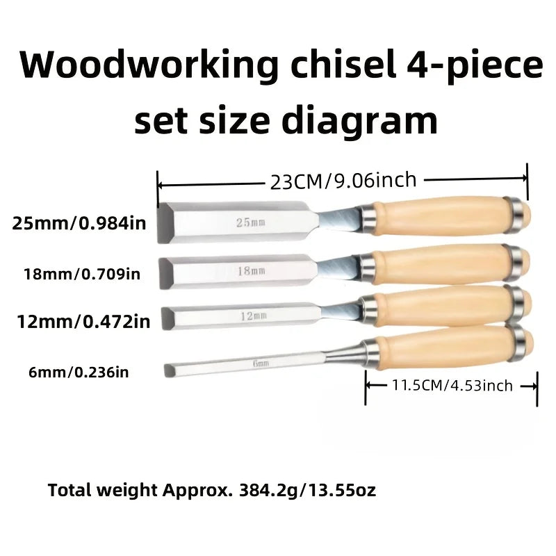 4pcs Professional Woodworking Chisel Set - 6-24mm Beveled Blades, Chrome Vanadium Steel, Solid Wood Handle