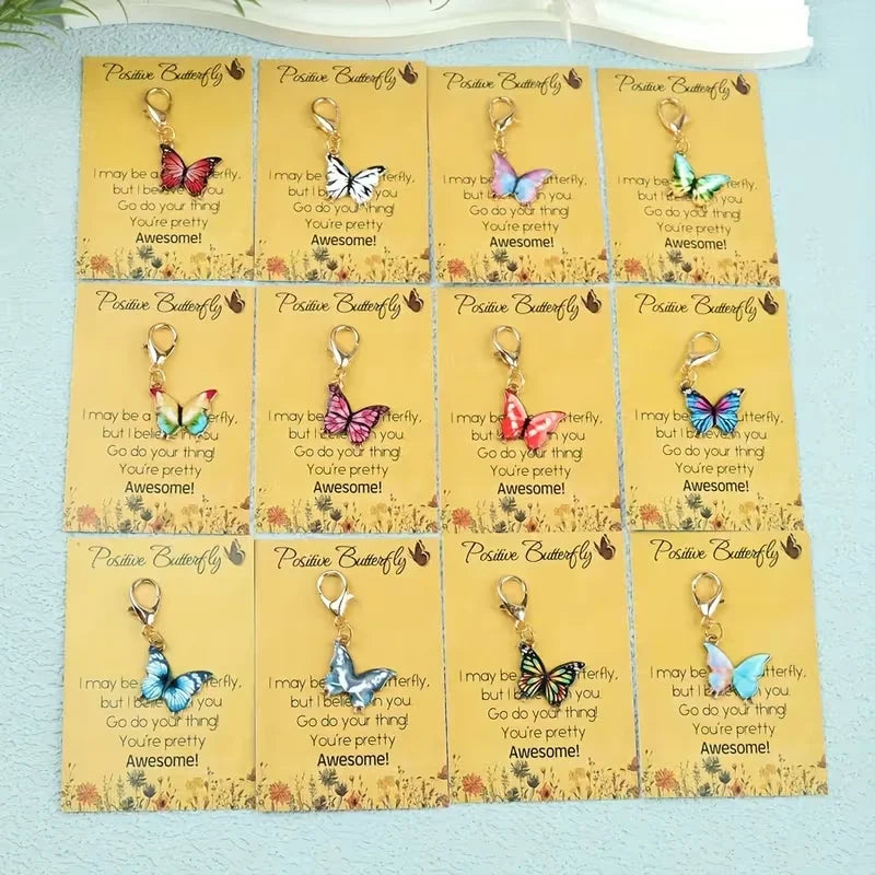 12-Piece Fashionable Cartoon Butterfly Keychain Set, Comes with a "Positive Butterfly" Greeting Card, the Charm of Animals and Flowers - Unique Creative Design, Compact and Lightweight, Ideal Gift for Family and Friends, Incl