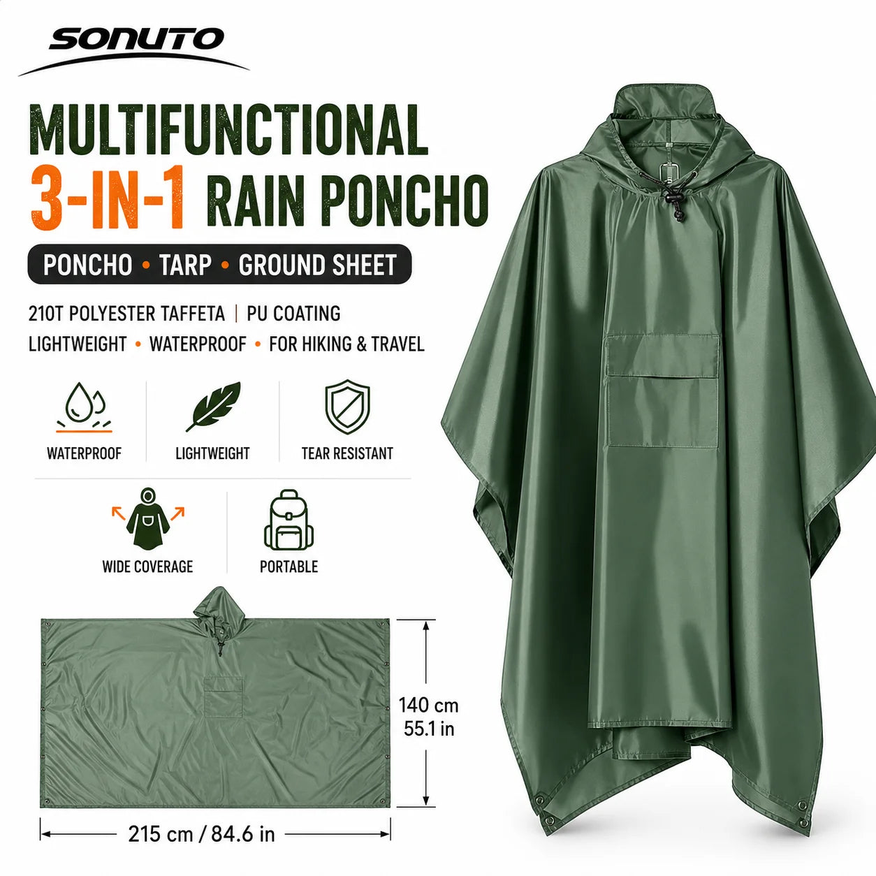 Sonuto Multifunctional Waterproof Camping Mat Rain Poncho Hooded Tarp Tent Ground Footprint Pack Cover Hiking Outdoor Shelter