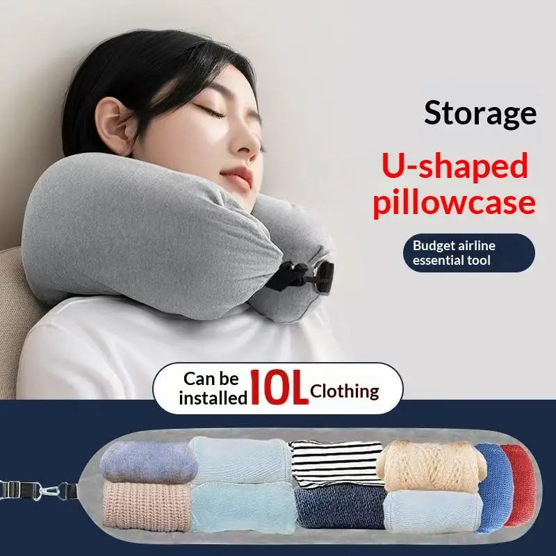 Travel Neck Pillow With Fillable Clothing Storage Bag U-Shaped Pillowcase Crystal Fleece Neck Pillow Cover For Airplane Travel