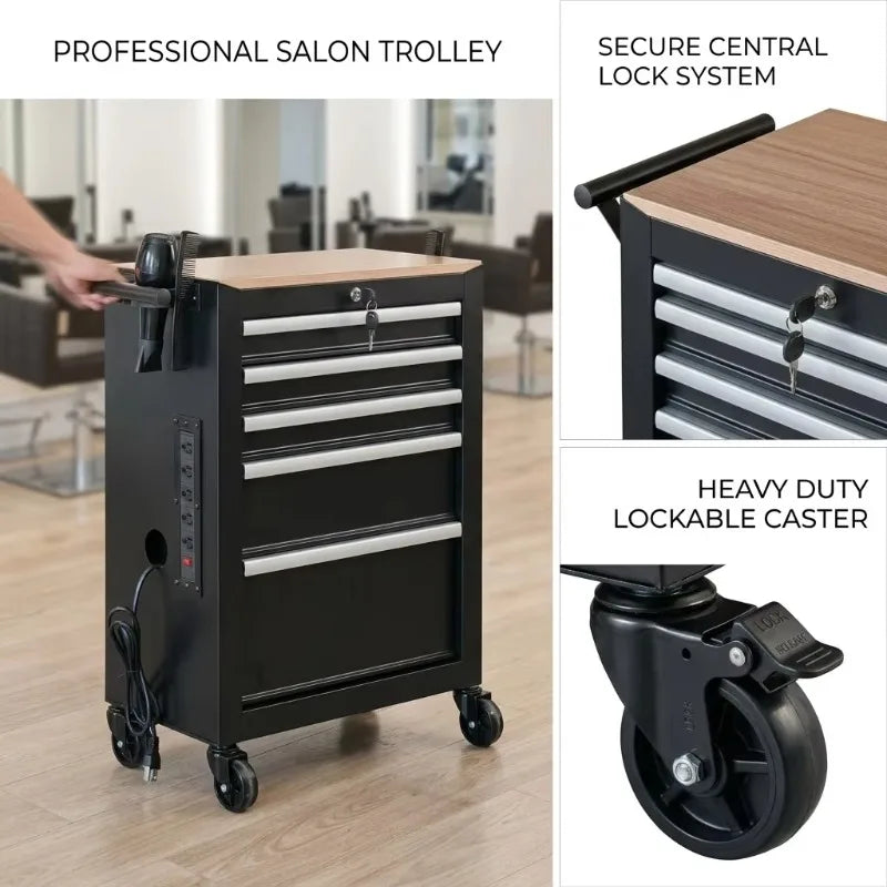 5 Drawer Metal Barber Salon Tool Cabinet Rolling Storage Cart with Socket and Hair Dryer Holder