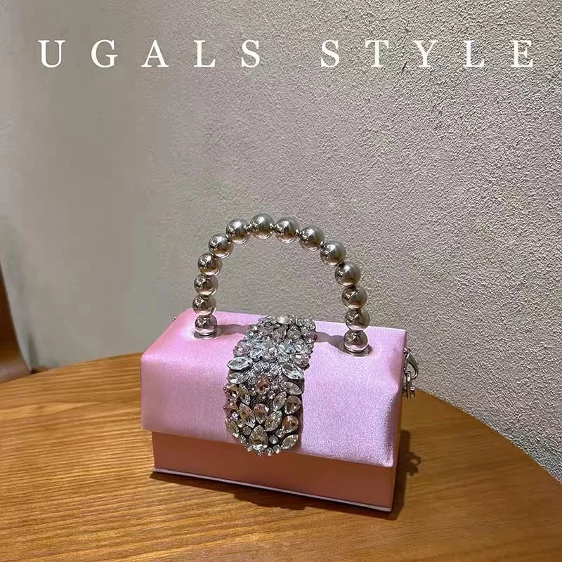 Women Satin Handbag Luxury Square Bag Crystal Shiny Rhinestones Diamond Evening Bag Wedding Party Clutch Purse Crossbody Bag