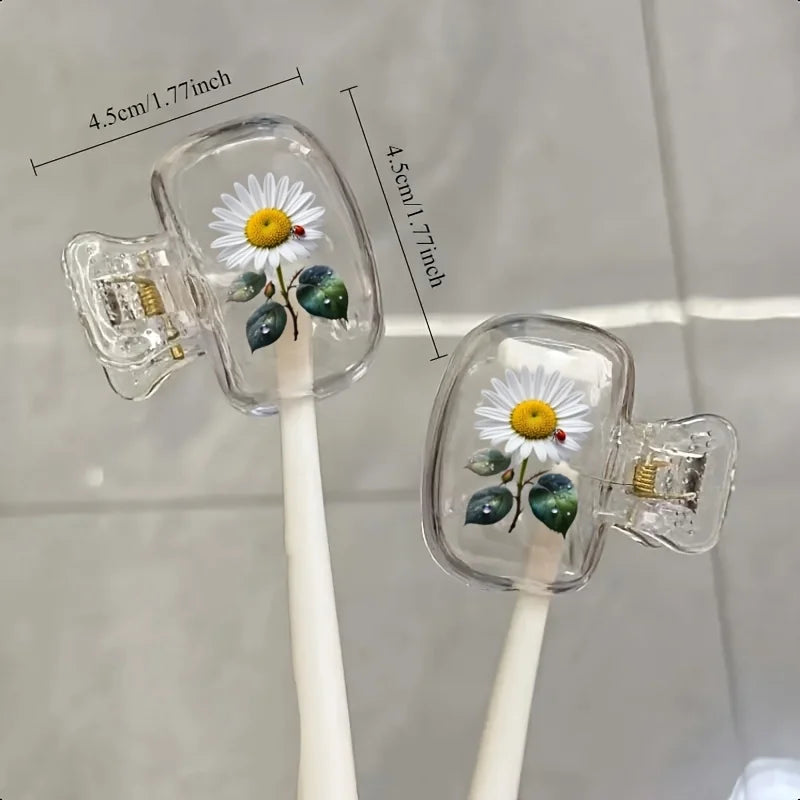 2pcs Travel Toothbrush Case Set, Portable & Dust-Proof, Daisy Design, Plastic with Cover, for Business Trips, Compact, Must-Have