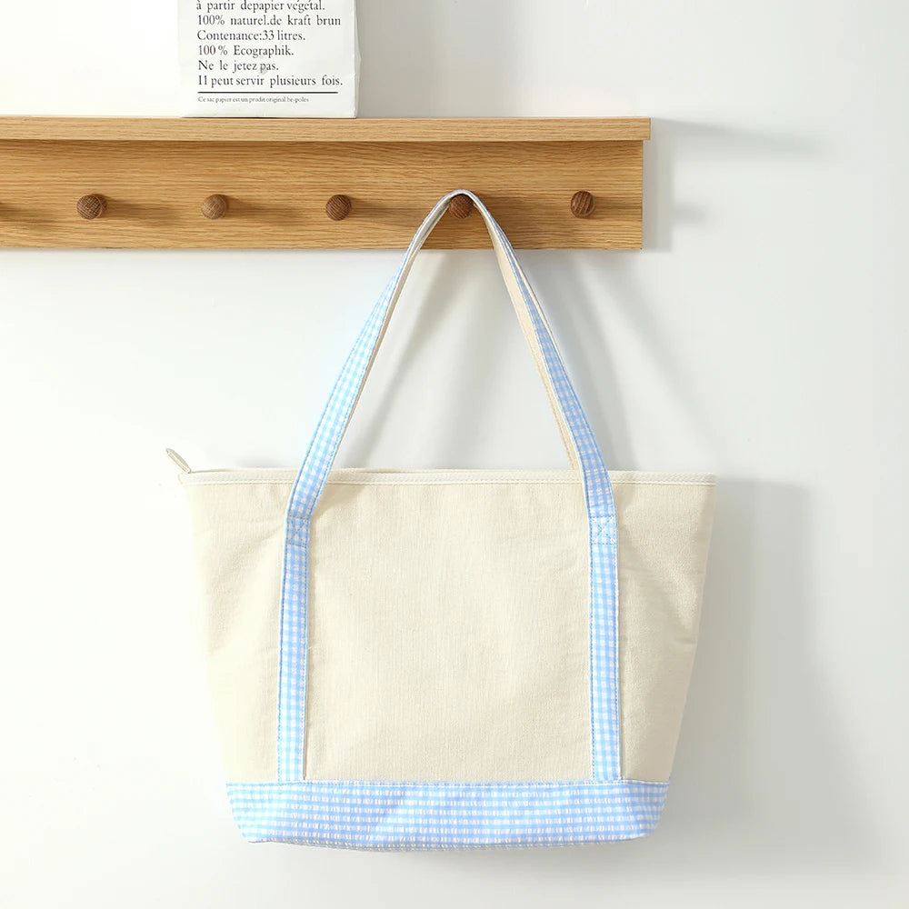 Gingham Canvas Tote Bag For Women Summer Beach Bag With Zipper Closure Roomy Interior Pink/Blue Large Capacity Shopping Bag