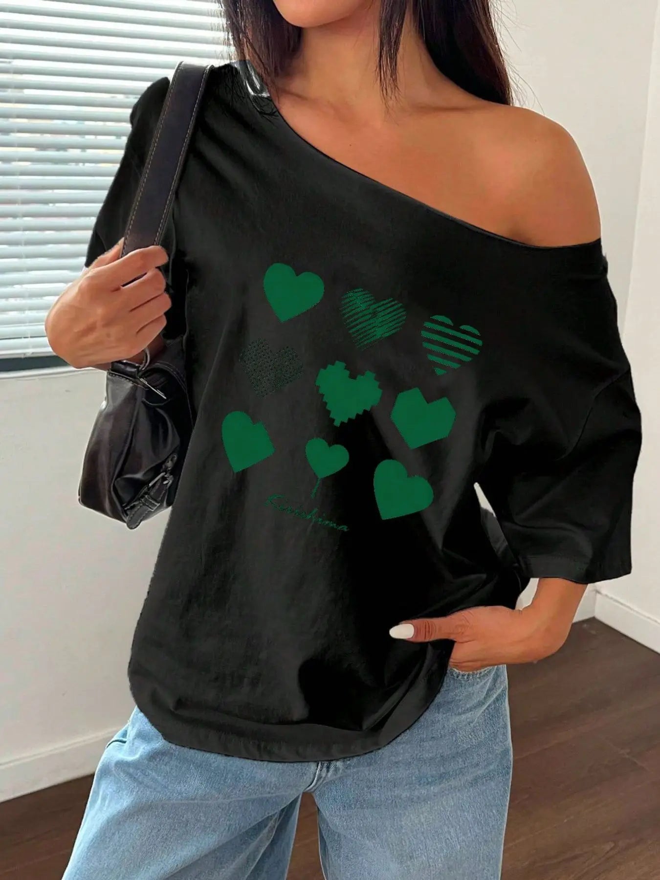 100% Cotton Plus Size Green Heart Pattern Shoulder Loose Print T-Shirt Oversized Y2K Style Graphic Tees Women Tops Summer Off