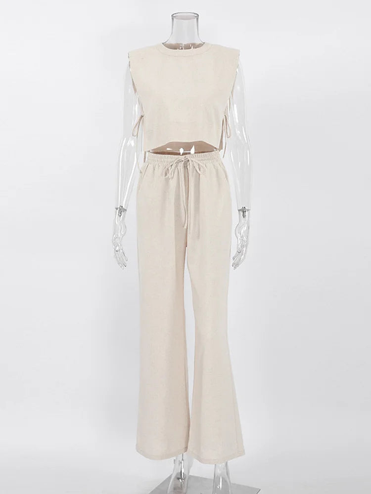 Spring Summer 2025 Women Holiday Linen Pant Set Crop Tops Solid Outfits 2 Two Piece Matching Set For Women