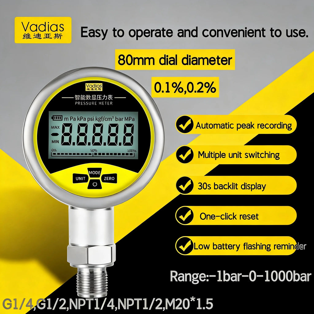 -0.1-60Mpa Digital Pressure Manometer 400bar Pressure Gauge 80mm Pressure Manometer M20*1.5 0.2% SS304 Digital Pressure Gauge