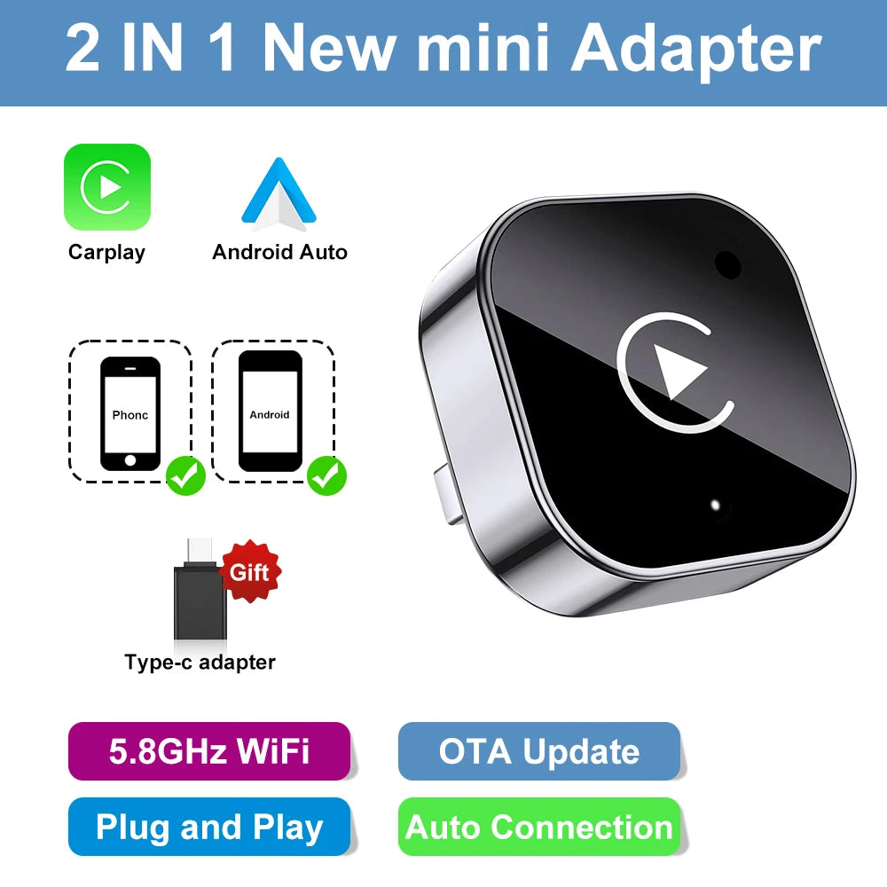 2-in-1 Wireless CarPlay&Android Auto Adapter - Plug and Play CarPlay Converter, fast automatic connection, zero latency, support