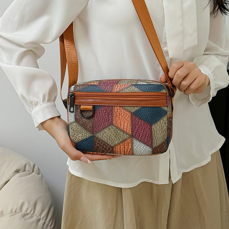 Color Block Patchwork Crossbody Pouch Smooth Zipper Closure, Portable Sling Bag for Motorbike Travel Leisure Outdoor Walks