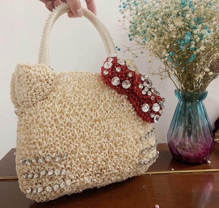 Cathead pure handmade woven bag, Katie Cat PVC off white rhinestone handbag, women's one shoulder crossbody bag