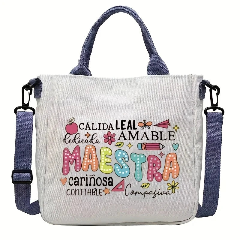 Maestra Printed Canvas Tote Bags with Adjustable Strap Casual Shoulder Bag Perfect Gift for Teachers and Friends, Teacher's Gift