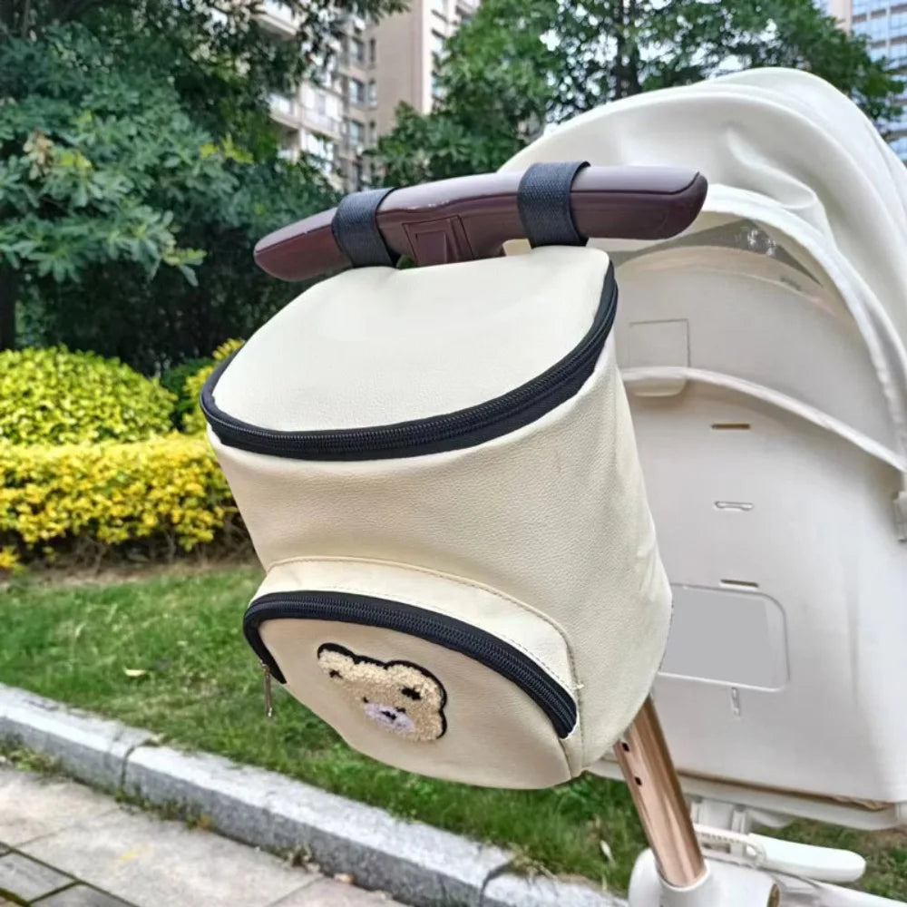 Cute Waterproof Baby Stroller Hanging Bag PU Leather Cartoon Bear Umbrella Cart Bags Large Capacity Mommy Storage Bag