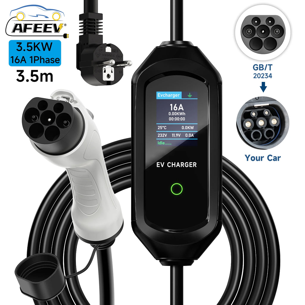 AFEEV Portable EV Charger Type2 IEC62196-2 16A EVSE Fast Charging Cable Type1 SAE J1772 Wallbox 3.5KW GBT Electric Car Charger