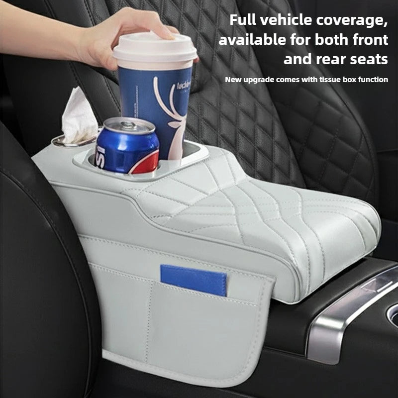 High-Low Style Car Armrest Box Cushion-An Armrest Cover with 2Side Pockets,2Cup Holders and 1 Tissue Box.Suitable for Most Cars
