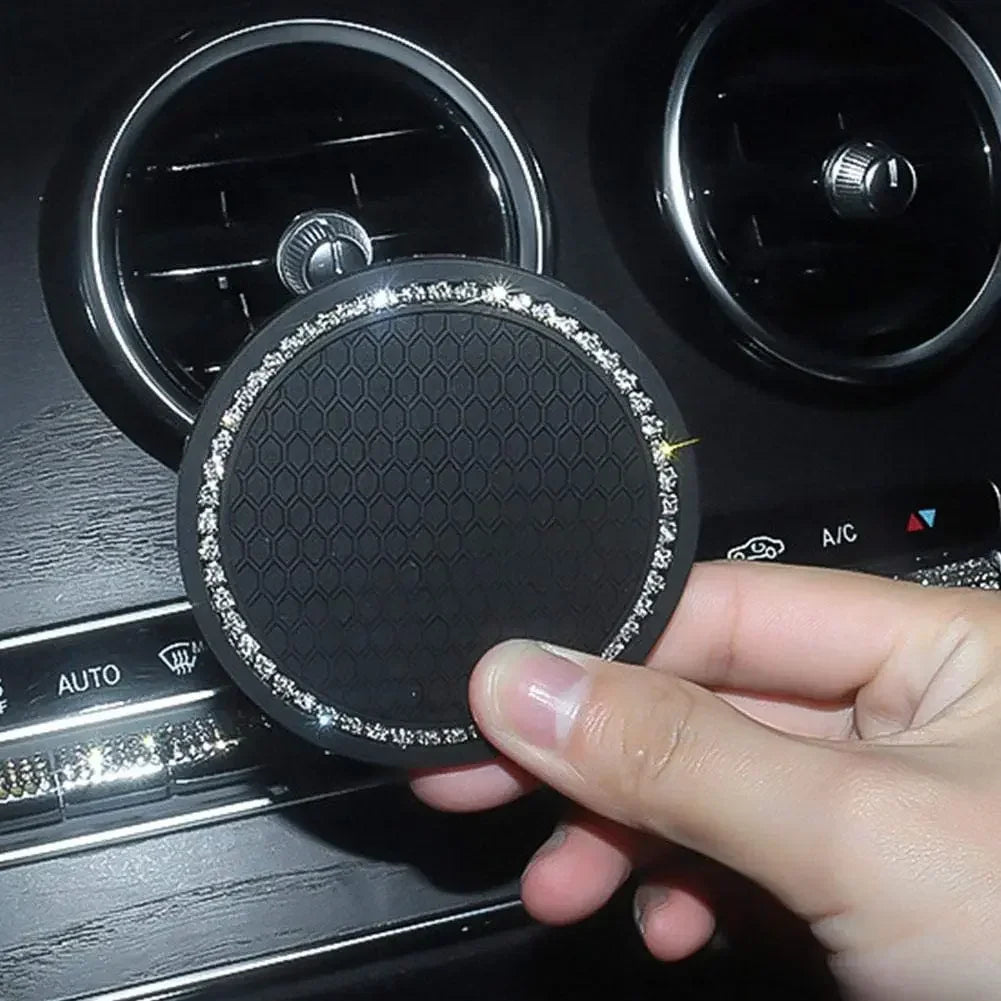 Car Coasters, Universal 2 Pcs Car Coasters for Women Bling Car Accessories, Silicone Anti Slip Crystal Car Cup Holde