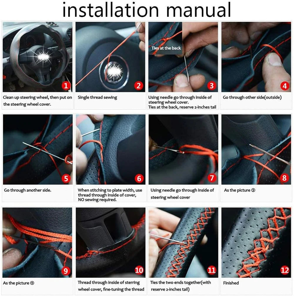 Universal Braid Steering Wheel Cover 38cm Leather Hand Sewing Steering Wheel Cover Genuine Cowhide Leather with Needles Thread