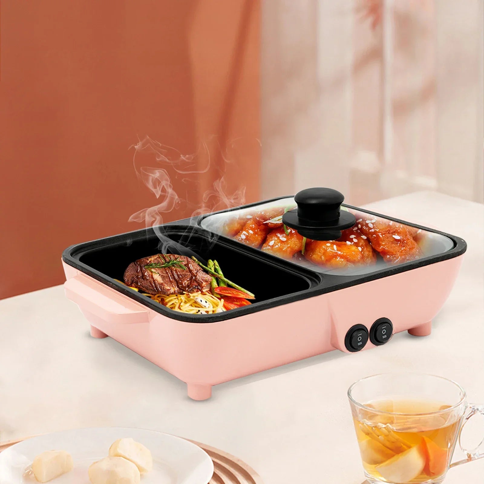 2 in 1 Electric Hot Pot Kitchen Smokeless Non-stick Baking Pan BBQ Grill