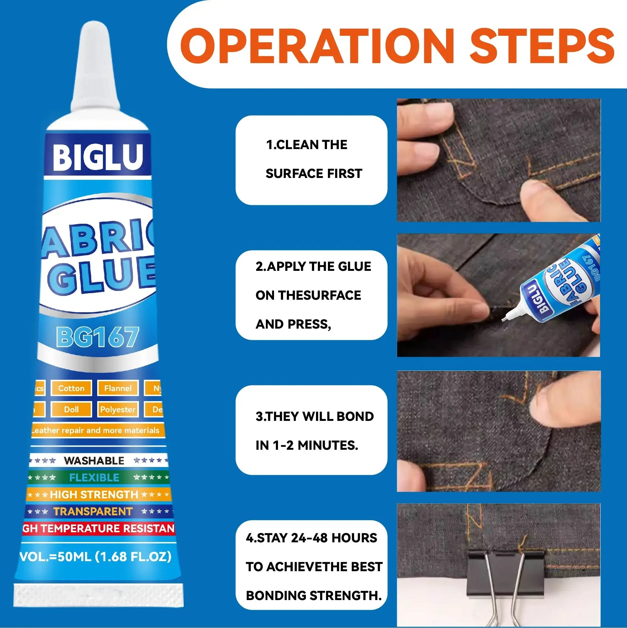 BIGLU 50ml Fabric Glue For All fabrics Cotton Flannel Nylon Cloth Doll Polyester Denim Leather Repair Multi-purpose Adhesive