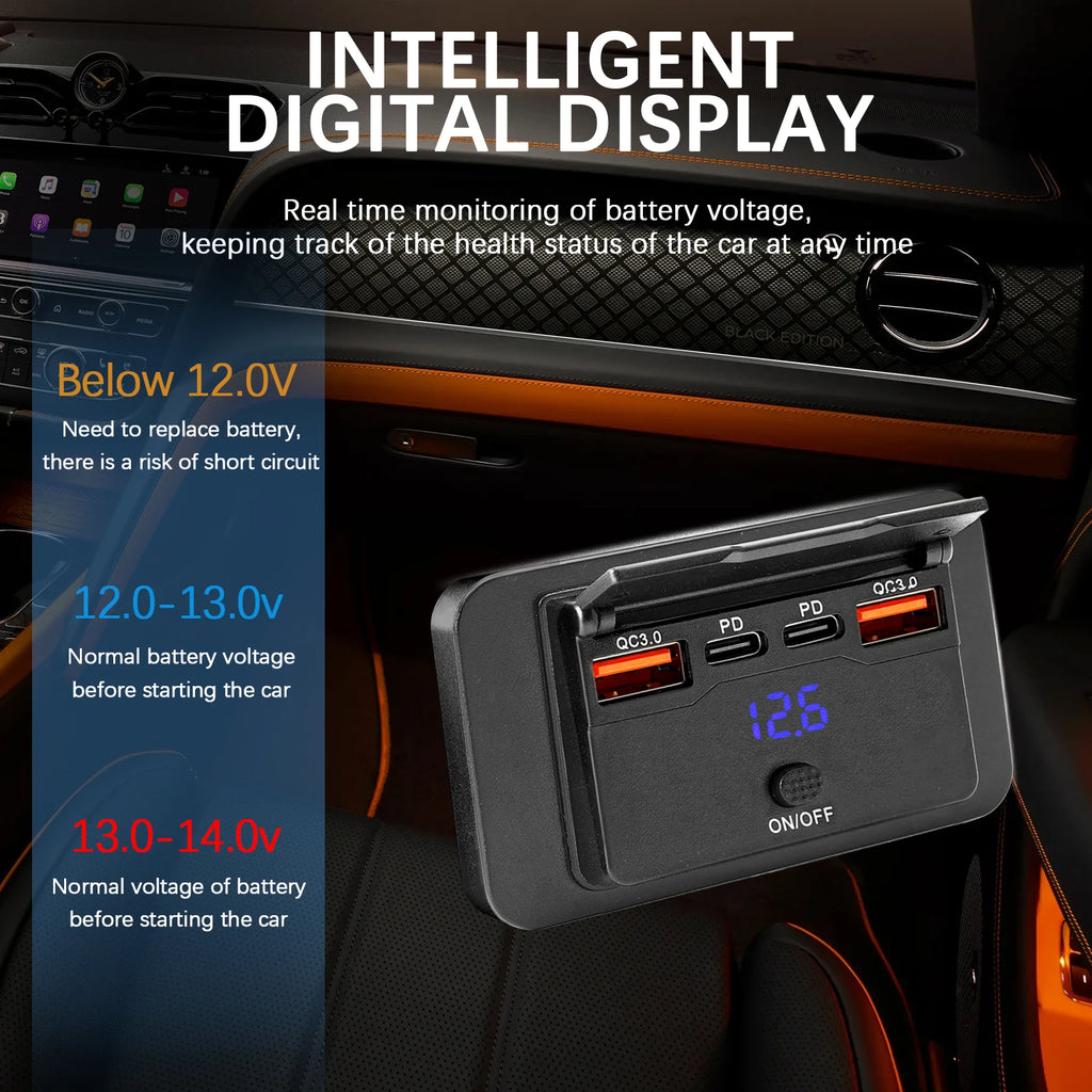 12V/24V Car Dual USB PD Port Charger Power Adapter PD QC3.0 Car Charger Socket Mobile Phone Charging Outlet Panel Universal