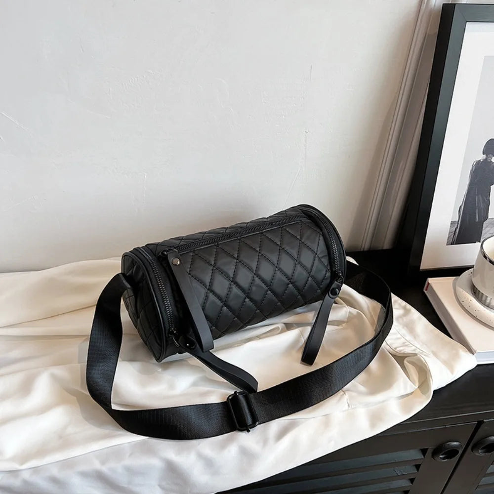 Simple Solid Color Cylinder Bag Round Diamond Bucket Bag Nylon Wide Shoulder Strap Barrel Bag Travel