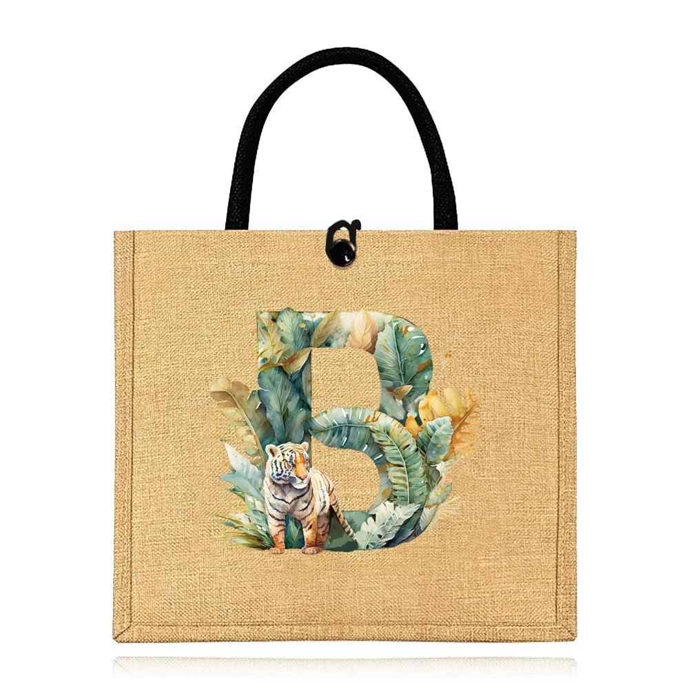 Flax Bag Fastener Handbag Organizer Storage Jute Tote Bags Imitation Cotton Women Valise Portable Jungle Tiger Printing Series