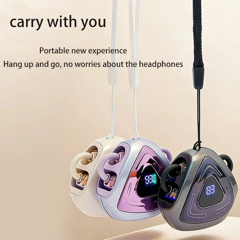 Trendy open-style ear clip earphones with Bluetooth 5.4 and charging case featuring high-definition digital display, small sound