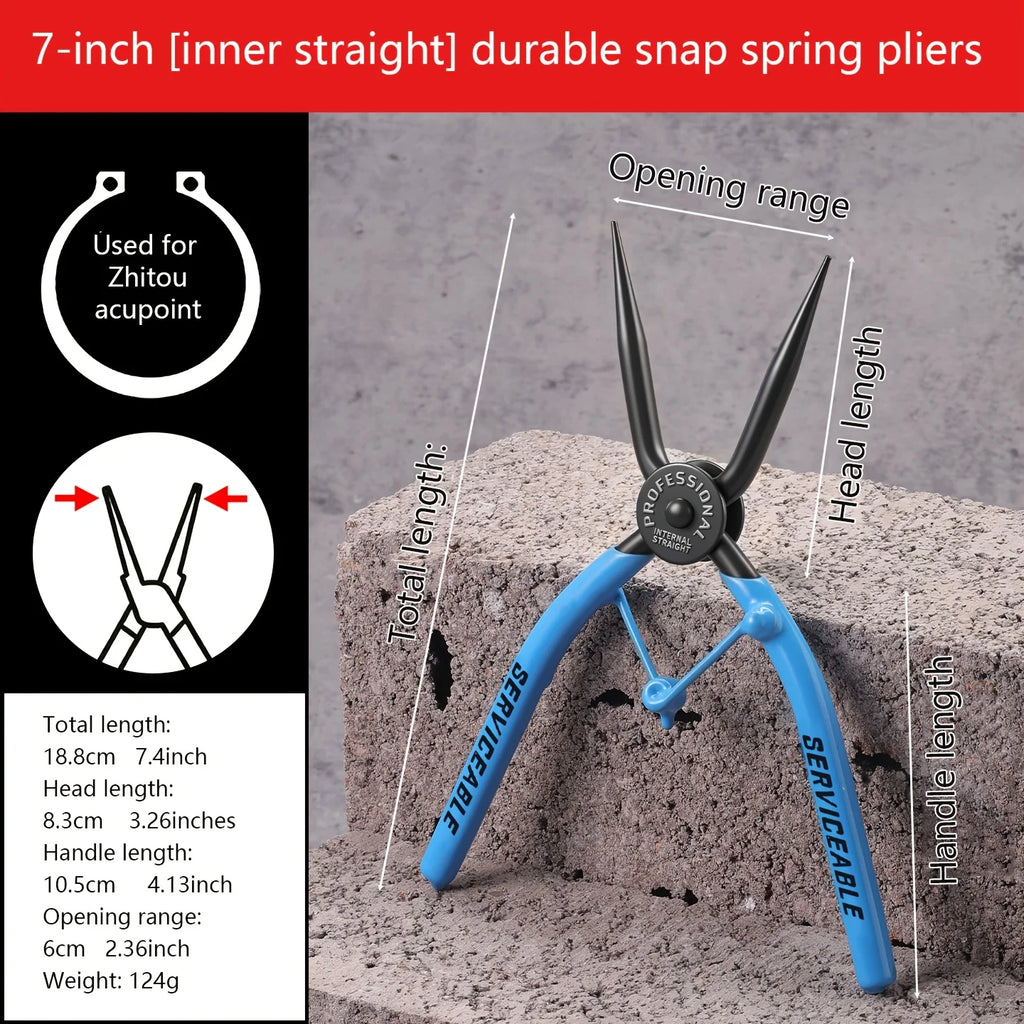 Snap Ring Pliers, 7-Inch Heavy Duty Internal/External Circlip Pliers with Straight & Bent Jaw Tips, Spring-Loaded