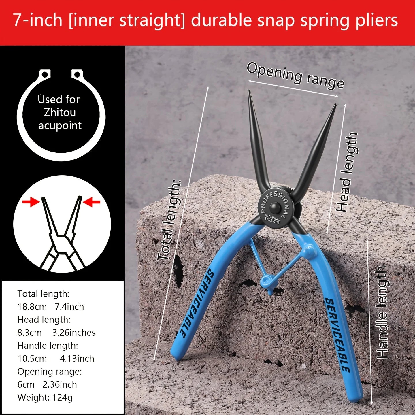 Snap Ring Pliers, 7-Inch Heavy Duty Internal/External Circlip Pliers with Straight & Bent Jaw Tips, Spring-Loaded