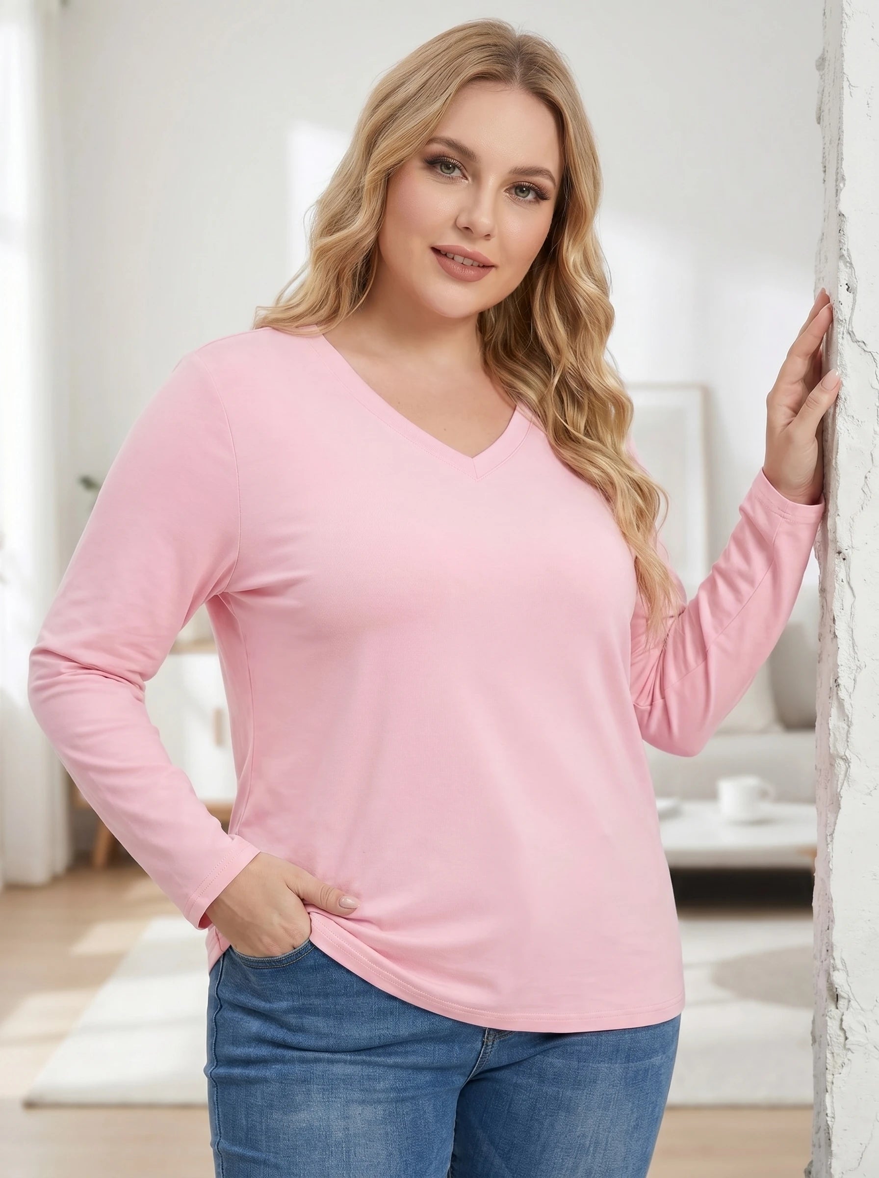 Gadinus Plus Size Women's V Neck Long Sleeve T Shirt Casual Loose Fit Basic Top