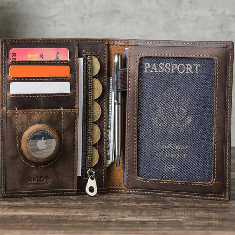 Genuine Cow Leather Passport Holder with AirTag Case - RFID Blocking Travel Wallet, Anti-Lost Pocket & Card Holder for Men Women