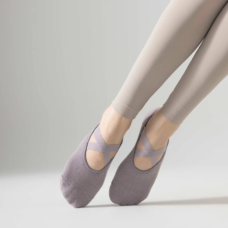 1 pair Professional Yoga Socks,  Cotton Strapping Silicone Anti-Slip Pilates Fitness Dance Floor Socks