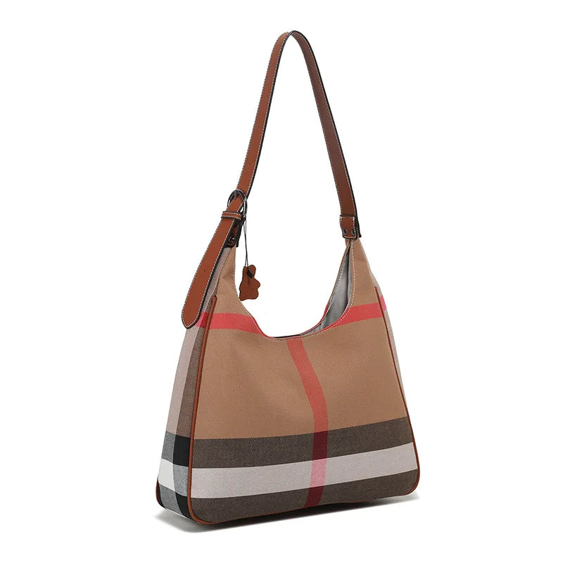 Fashionable and Casual Large Capacity Tote Bag Plaid with Genuine Leather Single Shoulder Bag 2025 New High-End Trendy Popular