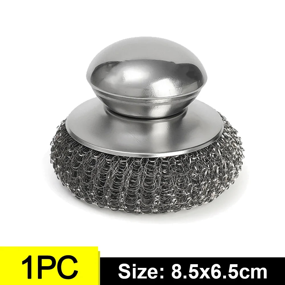 6-1Pcs Kitchen Stainless Steel Washing Brush Metal Sponge Scrubber With Handle For Dishes Pots Pans Grills Sink Cleaning Tools