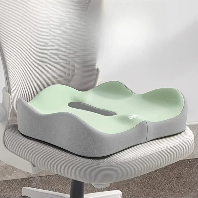 1pc Memory Foam Seat Cushion - 3D Ergonomic Support| Light Green & Grey, Washable Polyester, Car/Office Essentials