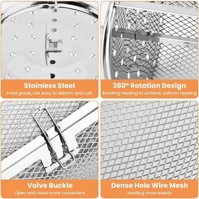 Food Stainless Steel Rotary Baking Cage Rotisserie Basket Oven Round Rack Basket Non-Stick Washable Grill Roaster Kitchen Tools