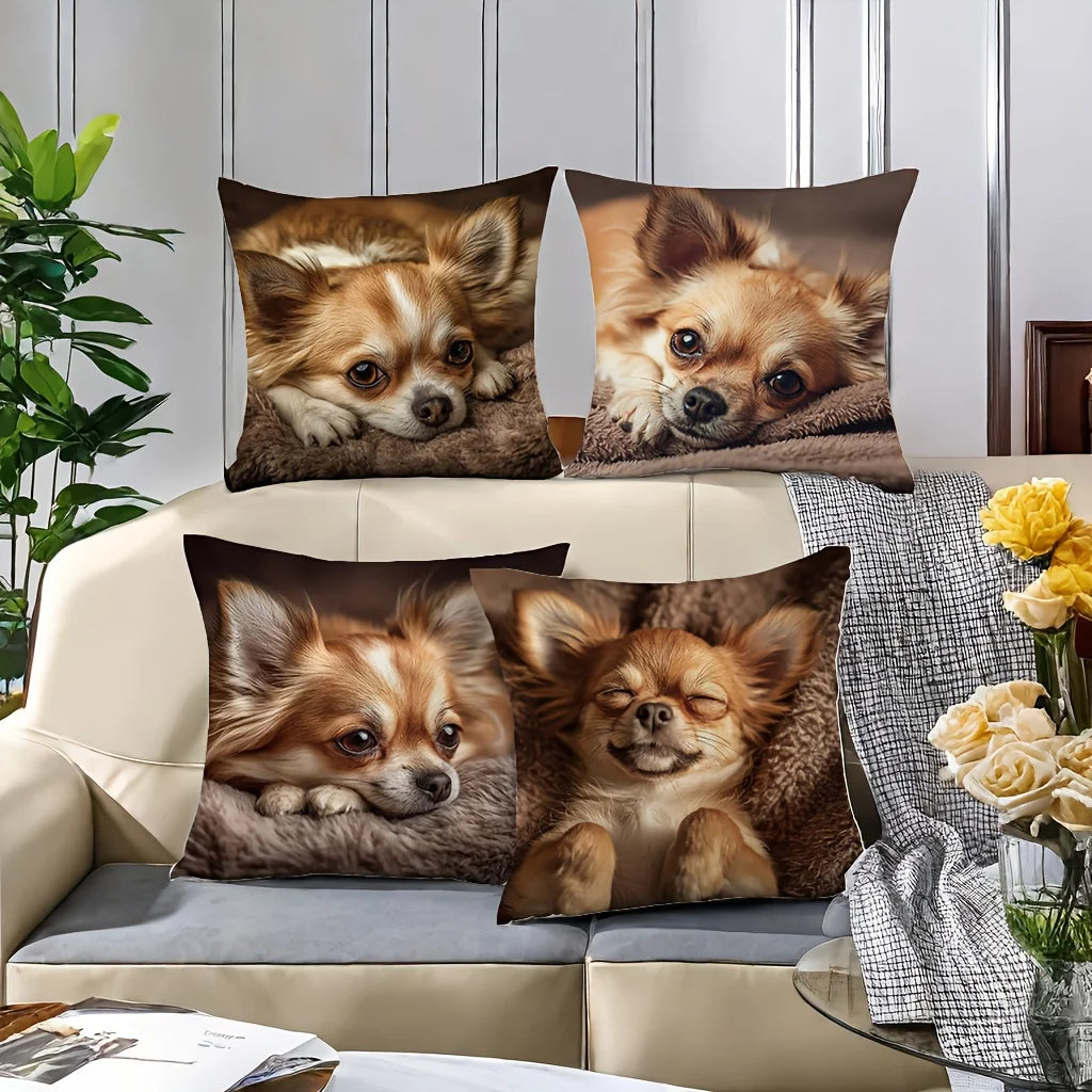 4PCS Chihuahua Pillow Covers: Dogs in Different Moods, Cute for Party, Home, Car (No Insert)