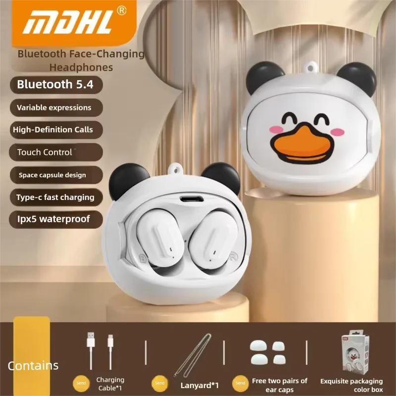 Cute Face changing TWS Bluetooth 5.4 Earbuds ENC Noise Reduction Waterproof HIFI Stereo Earphones for iOS Android Kids
