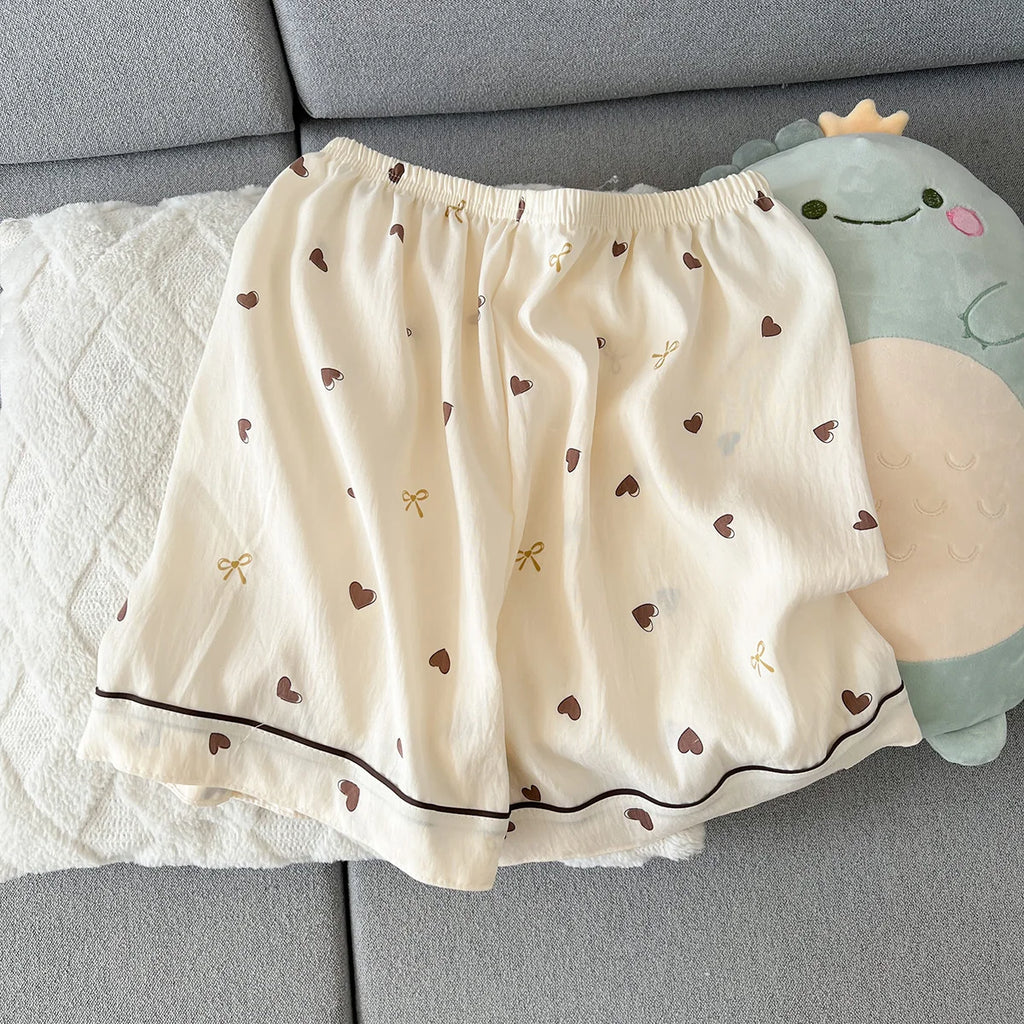 Women's Summer Thin Pajamas with Heart-Shaped Pattern, Short-Sleeved Shorts, Sweet and Cute, Can Be Worn Outside in Summer, Two-Piece Home Wear Set