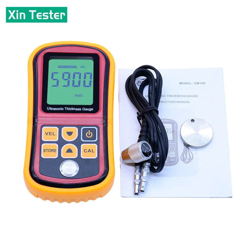 Xin Tester Digital Ultrasonic Thickness Gauge Tester LCD Display Metal Glass 1.2-225mm Sound Velocity Meter 0.1mm Resolution