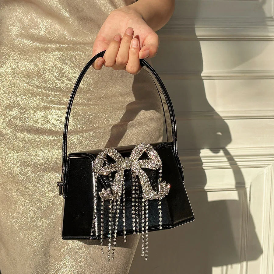 Mirror Mini Portable Small Bag Glossy Metal Embellished Rhinestone Bow Tassel Exquisite Small Dinner Bag