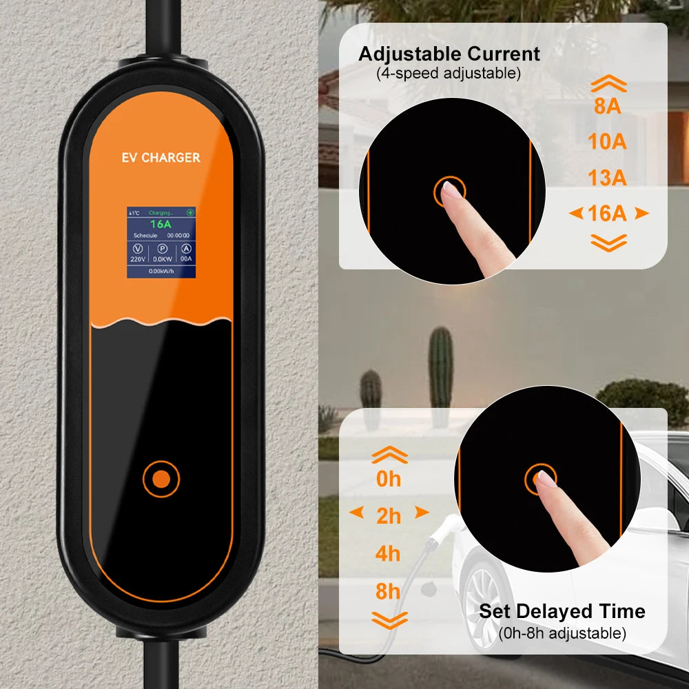 3.5KW Type2 Portable EV Charger 16A 1Phase EU Plug EVSE Charging 8A-10A-13A-16A Current Adjustable Electric Vehicle Charging