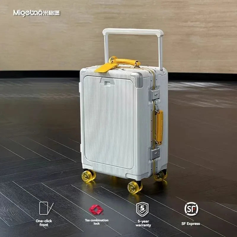 Front opening luggage with aluminum frame, ice skating wheel, leather suitcase, pull rod suitcase, women's suitcase, small suitc