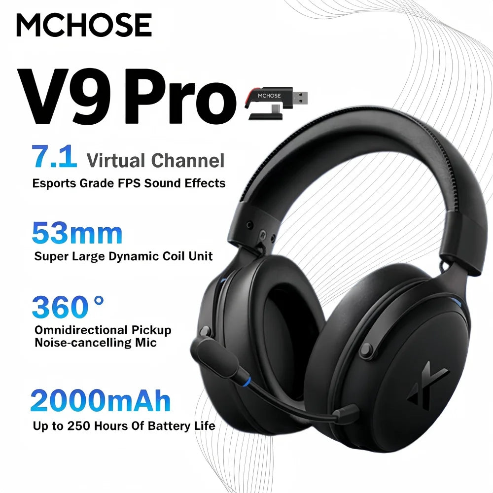 MCHOSE V9 Pro Wireless Headset 7.1 Surround Sound 53mm Gaming Headphones Noise Canceling Mic Low Latency Lightweight for PS5 PC SWITCH with Microphone