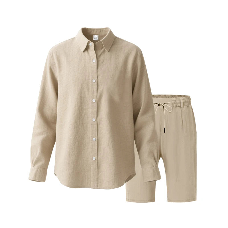 Men's Loose Trendy Linen Two-Piece Set: Shirt and Drawstring Shorts, Lightweight Summer Beach Casual Sports Outfit
