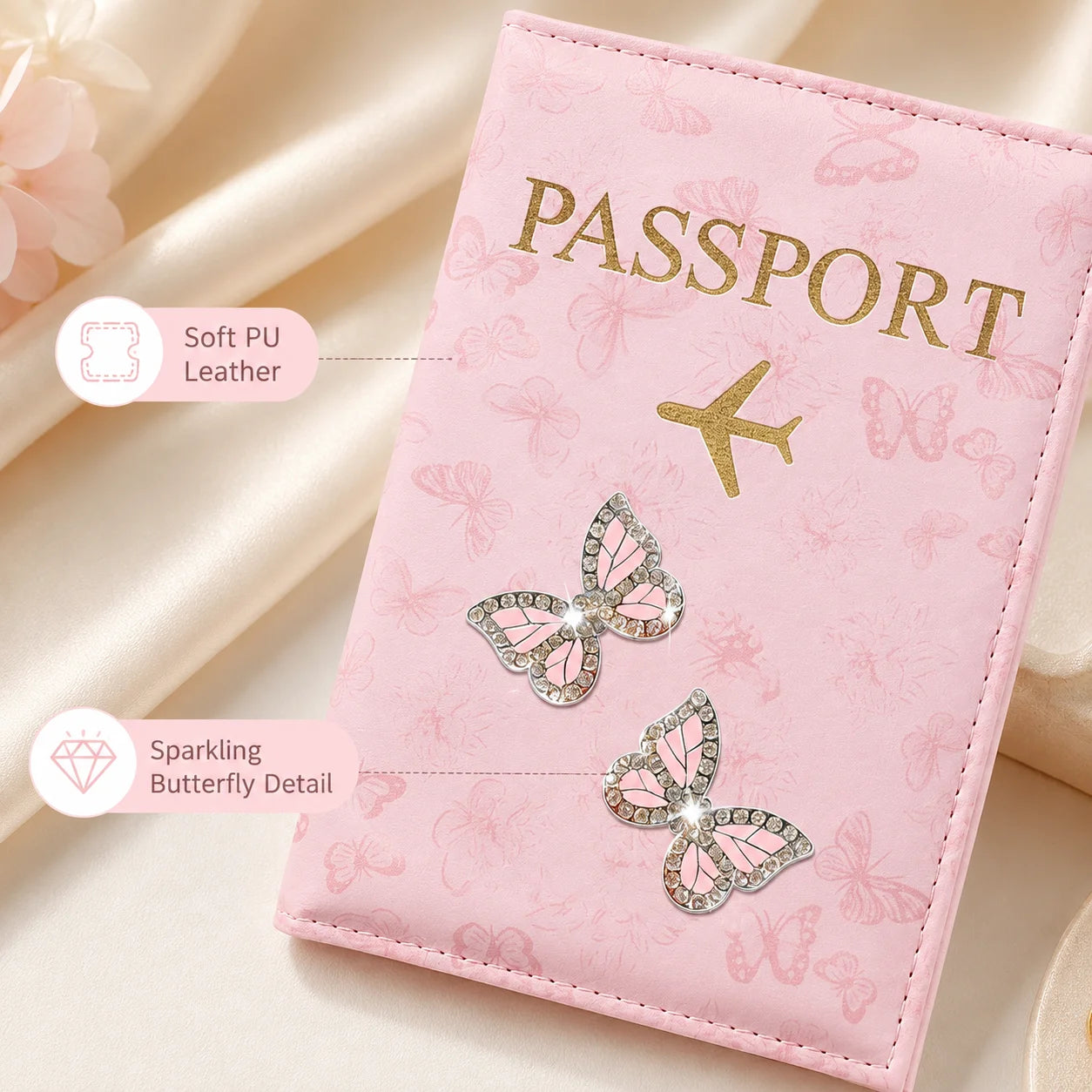 Pink Butterfly PU Leather Passport Holder, Rhinestone Travel Wallet Cover with Card Slots for Women, Airport Vacation Gift