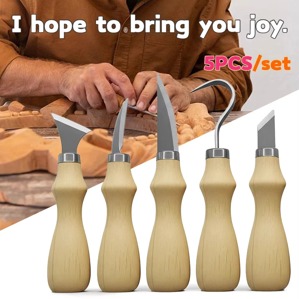 5pc Wood Carving Tools Set Oak Handle Curved Knife For Arts Crafts Tools For Hand Carving Wood Sharp Portable Natural Wood Color